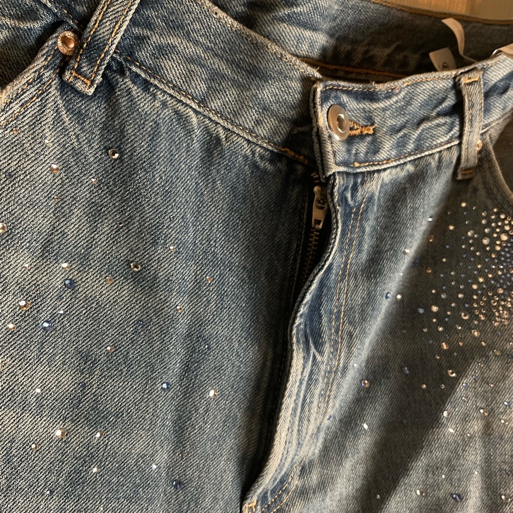 ZARA TRF ripped wide leg rhinestone Jeans Light Wash Distressed - Size US 14 - Picture 5 of 12